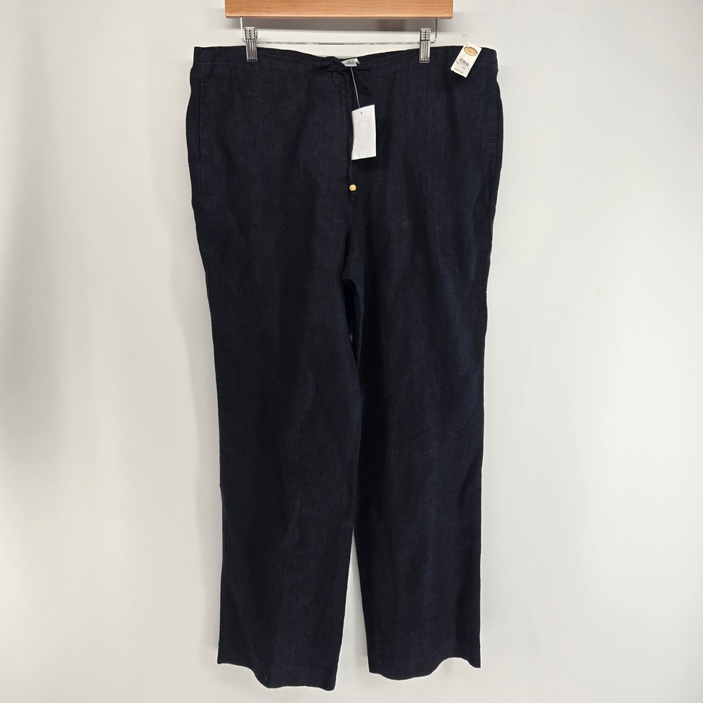 Talbots Pants Women 16 Navy Blue Irish Linen Drawstring Straight Leg NEW